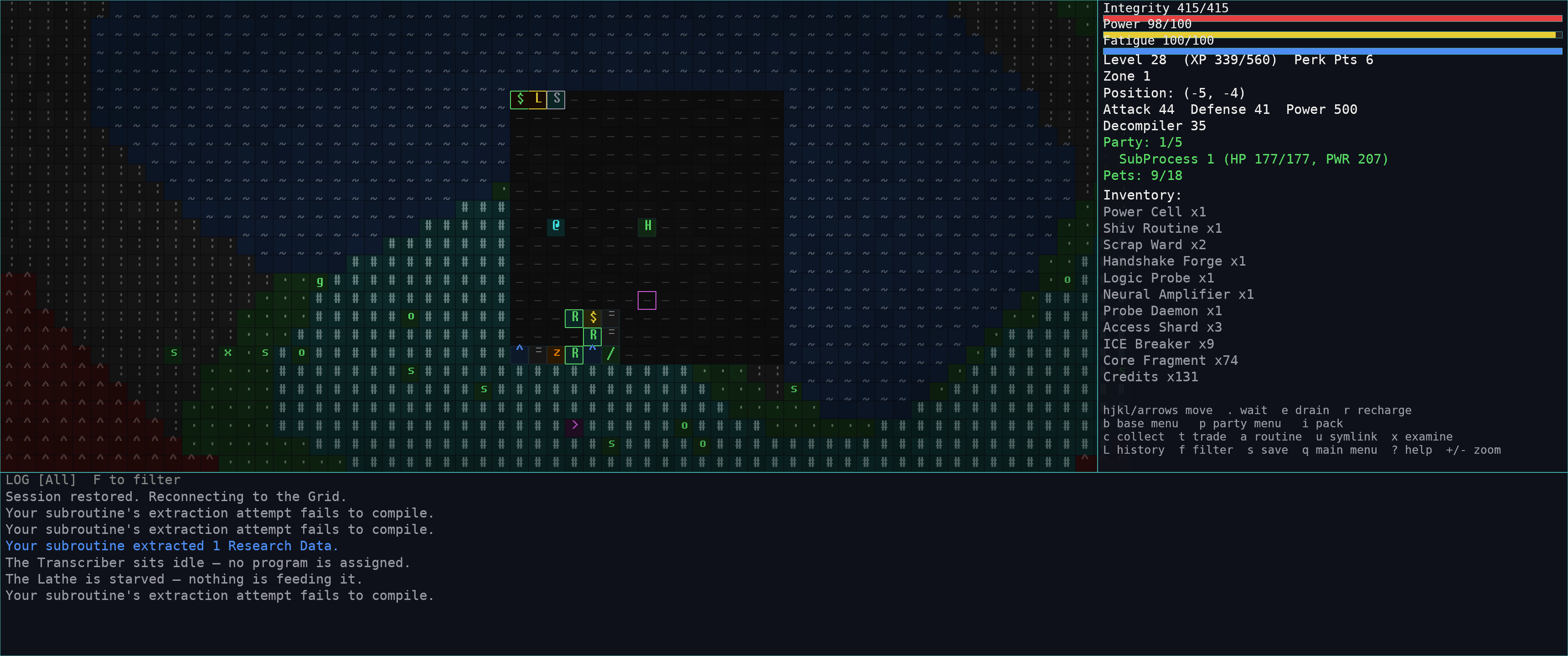 The surface map: the party on the Grid beside their base, with the log pane and status column