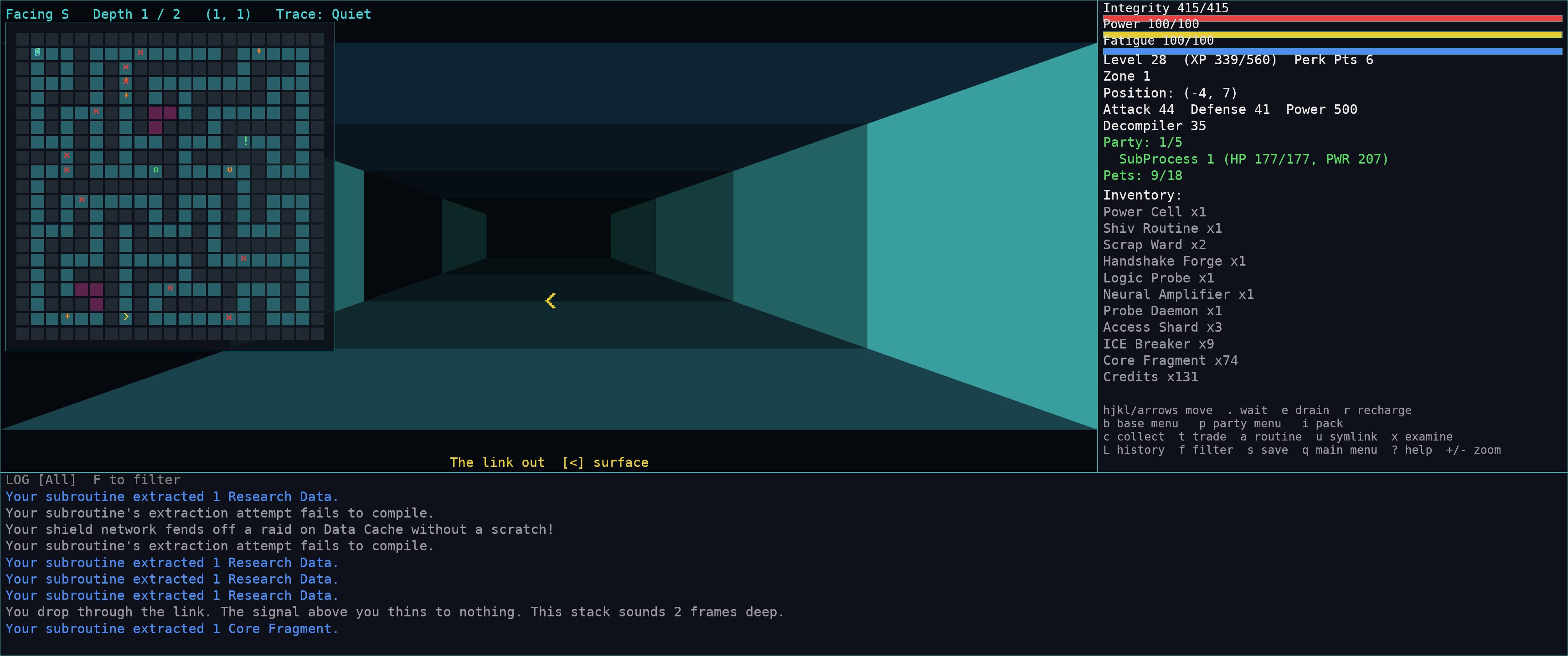 The Stack's first-person corridor view, with the party's map of the frame in the corner